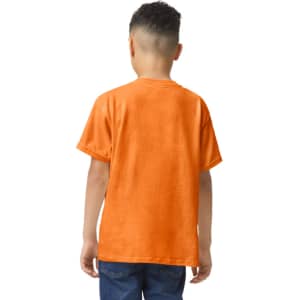 An orange youth T-shirt with short sleeves, featuring a logo on the back.