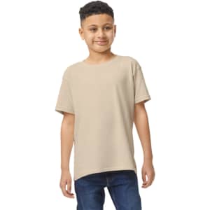 A youth t-shirt in beige, featuring a relaxed fit and short sleeves. The shirt has a logo on it.