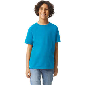 A youth t-shirt in vibrant turquoise, featuring a simple design and a logo on the front.
