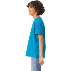 A youth T-shirt in bright blue, featuring a crew neckline and short sleeves, with a logo visible.