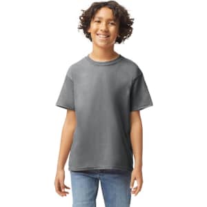 A youth t-shirt in dark grey, featuring a relaxed fit and short sleeves, with a subtle logo.