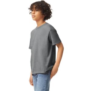 A youth t-shirt in grey, featuring short sleeves and a standard fit. The design includes a logo.