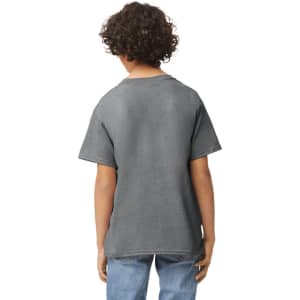 A youth t-shirt in dark grey, featuring a simple design and a logo on the back.