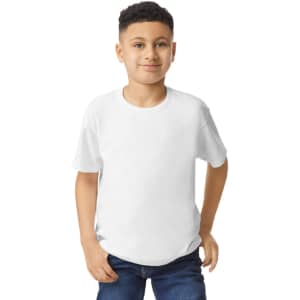 A youth wearing a white Gildan Heavy Cotton T-shirt, featuring short sleeves and a round neck.