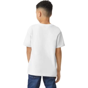 A youth t-shirt in white, featuring a simple design and a logo on the back.