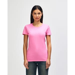 A pink Gildan Heavy Cotton Ladies' T-Shirt displayed on a model, featuring a round neck and short sleeves.