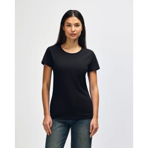 A black Gildan Heavy Cotton Ladies' T-Shirt displayed on a model, featuring short sleeves and a relaxed fit.