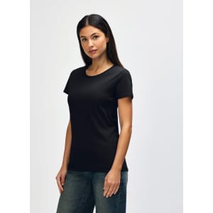 A black Gildan Heavy Cotton ladies' T-shirt displayed on a model. The product features a classic crew neck design.