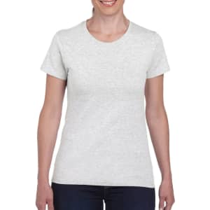A light grey short-sleeve women's T-shirt displayed on a model, featuring a round neckline and a simple design.
