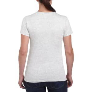 A light grey Gildan Heavy Cotton Ladies' T-Shirt with a fitted shape, featuring a branding logo.
