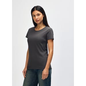 A grey ladies' T-shirt displayed on a model, featuring a crew neck and short sleeves. It has a logo on the front.