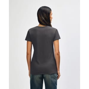 A grey ladies' t-shirt is displayed from the back, featuring short sleeves and a fitted design. It has a logo on the back.