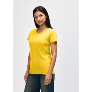 A yellow Gildan Heavy Cotton Ladies' T-Shirt displayed on a model, featuring a round neckline and short sleeves.