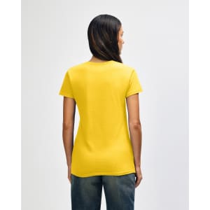 A yellow Gildan Heavy Cotton Ladies' T-Shirt is displayed from the back, featuring short sleeves and a straight cut.