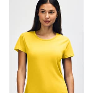 A yellow Gildan Heavy Cotton Ladies' T-Shirt displayed on a model, featuring a simple design and a logo.
