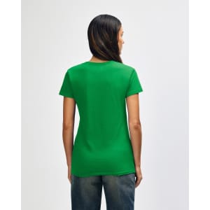 A green Gildan Heavy Cotton ladies' T-shirt, viewed from the back, with short sleeves and a simple design.