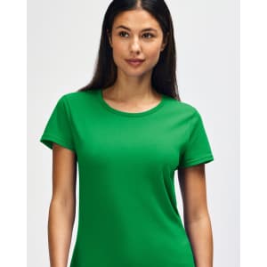 A green ladies' T-shirt made from heavy cotton, featuring short sleeves and a round neckline. It has a branding logo.
