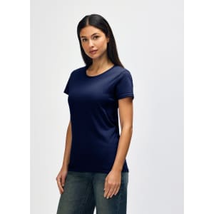 A navy Gildan Heavy Cotton Ladies' T-Shirt displayed on a model, featuring a simple design and short sleeves.