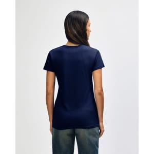 A navy Gildan Heavy Cotton Ladies' T-Shirt on a model, viewed from the back, featuring a plain design.