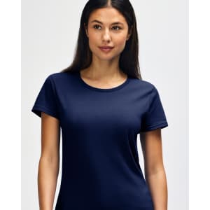 A navy ladies' t-shirt with a standard fit and short sleeves, featuring a logo on the front.