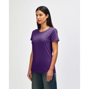 A purple ladies' t-shirt made from heavy cotton, presented on a model wearing blue jeans.