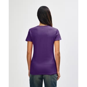 A purple Gildan Heavy Cotton Ladies' T-Shirt is displayed from the back, featuring a simple design and casual fit.