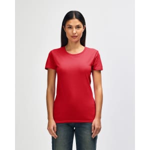 A red Gildan Heavy Cotton Ladies' T-Shirt displayed on a model, featuring a simple design and short sleeves.