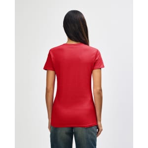 A red Gildan Heavy Cotton ladies' T-shirt displayed from the back, featuring a fitted style and short sleeves.