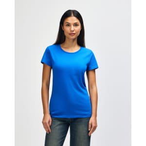 A blue Gildan Heavy Cotton ladies' T-shirt displayed on a model, featuring short sleeves and a crew neckline.