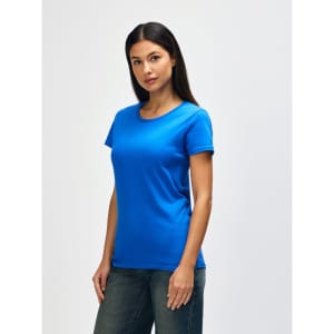 A blue Gildan Heavy Cotton Ladies' T-Shirt displayed on a model, featuring a classic crew neck and short sleeves.