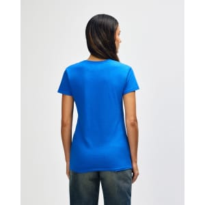 A blue Gildan Heavy Cotton ladies' T-shirt displayed from the back, featuring a simple design and short sleeves.