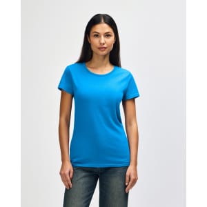 A blue Gildan Heavy Cotton Ladies' T-Shirt displayed on a model, featuring a simple design and short sleeves.
