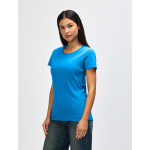 A blue Gildan Heavy Cotton Ladies' T-Shirt displayed on a model, featuring a simple design without visible logos.