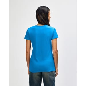 A blue Gildan Heavy Cotton Ladies' T-Shirt is displayed, featuring a simple design and a classic cut.