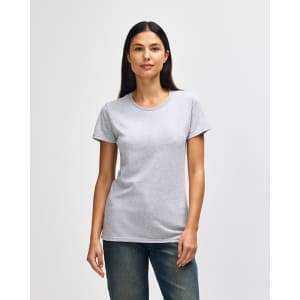 A grey ladies' t-shirt with a crew neck and short sleeves. Features a logo on the garment.