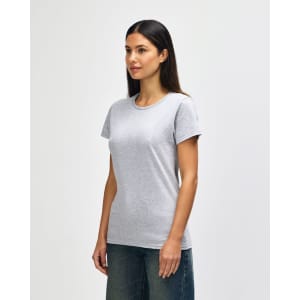 A grey ladies' t-shirt with a crew neck and short sleeves, worn by a model, featuring a logo.