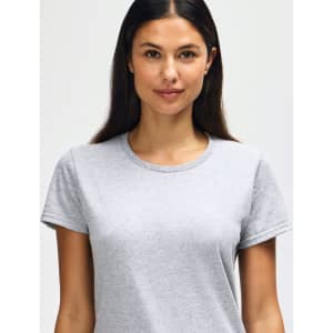 A grey ladies' T-shirt made from heavy cotton, featuring a round neck and short sleeves. It has a logo on it.