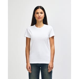 A white ladies' T-shirt made from heavy cotton, featuring a simple design and a logo. Model wearing blue jeans.