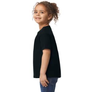 A black toddler t-shirt displayed on a child with curly hair, featuring short sleeves and a side view.