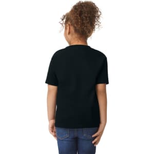 A black toddler t-shirt is displayed, viewed from the back, worn by a child with curly hair.