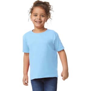 A light blue toddler t-shirt with short sleeves, featuring a logo on the front.