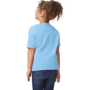 A blue toddler T-shirt viewed from the back, featuring a logo, paired with denim jeans.