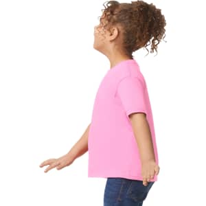 A toddler t-shirt in bright pink with short sleeves, featuring a logo on the side.