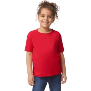 A red Gildan Heavy Cotton toddler t-shirt with a round neck and short sleeves, presented on a smiling child.