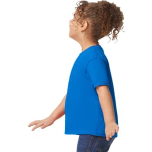 A bright blue toddler t-shirt with short sleeves, featuring a simple design and no visible branding.