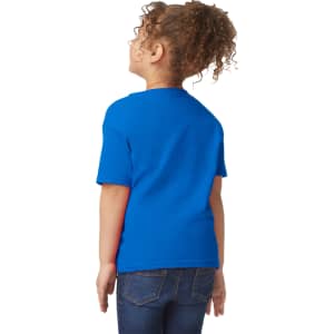A toddler wearing a blue Gildan Heavy Cotton T-shirt, viewed from the back, with curly hair and jeans.