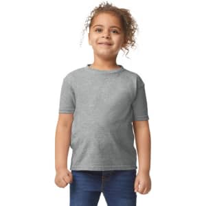 A grey toddler T-shirt featuring short sleeves and a simple design, with a logo on the front.