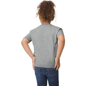 A grey toddler T-shirt displayed on a child, featuring short sleeves and a simple back design.