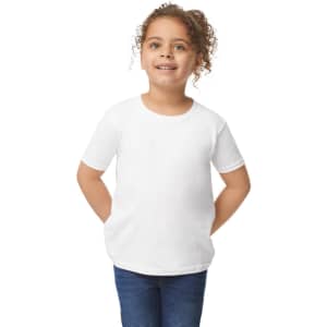 A toddler wearing a plain white short-sleeve T-shirt, smiling and posing against a neutral background.