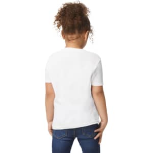 A child wearing a white Gildan Heavy Cotton Toddler T-Shirt, viewed from the back, paired with blue jeans.